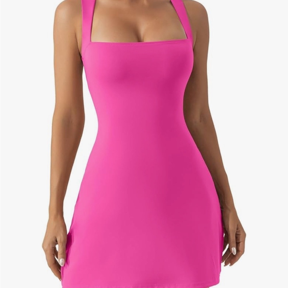 Pink SquareNeck Bodycon Mini Dress Casual Minimal Athleisure Vibe Casual Stretch